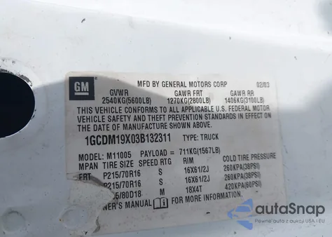 2003 Chevrolet Astro из США, поврежденный, VIN 1GCDM19X03B132311